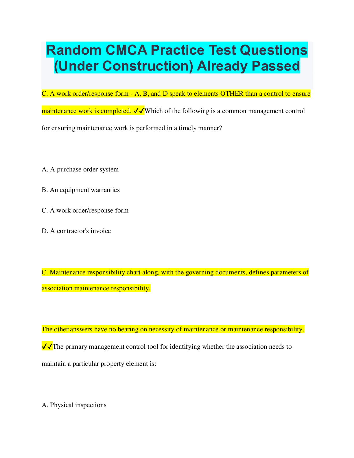 Preview of Random CMCA Practice Test Questions (Under Construction) Already Passed